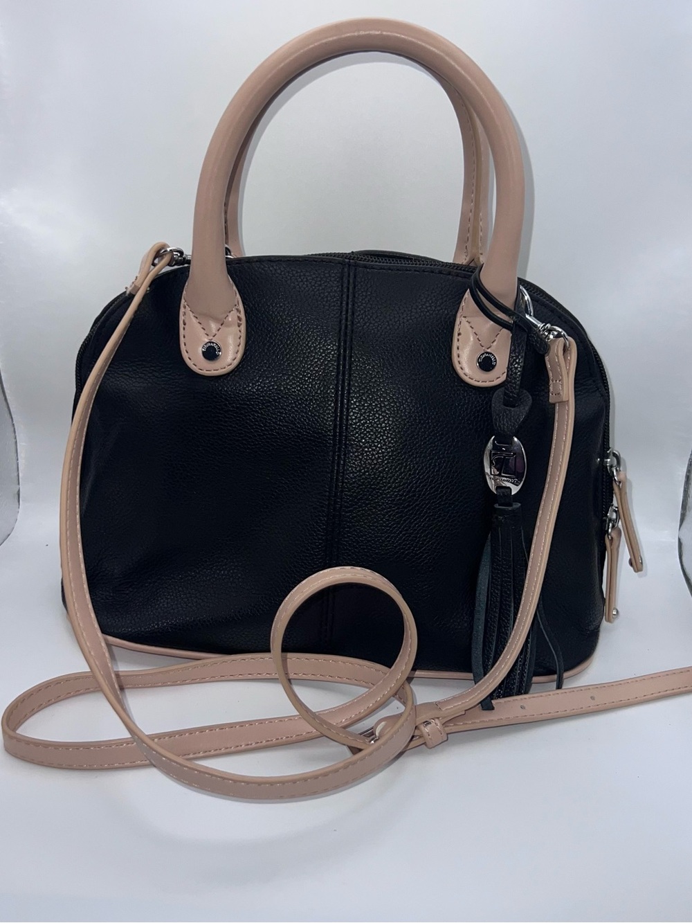 Tignanello Black & Beige Satchel Handbag Crossbody Shoulder Bag Tassel